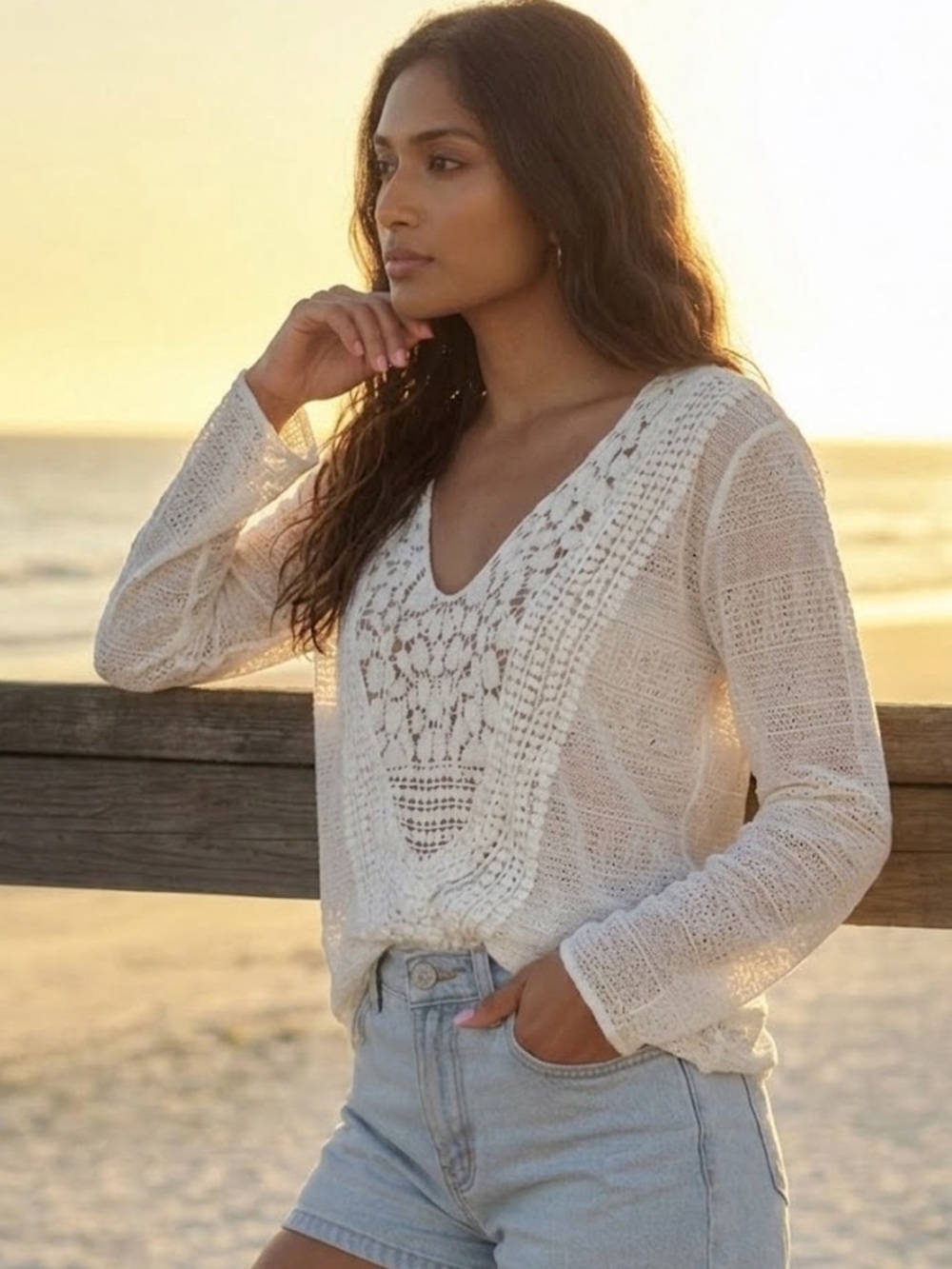 Crochet V-Neck Linen Blend Sweater - Cream Effortless Coastal Elegance: